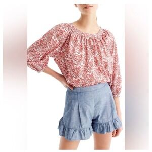 J.Crew Liberty Fabric Floral Print Puff Sleeve Cotton Blouse Red White Small
